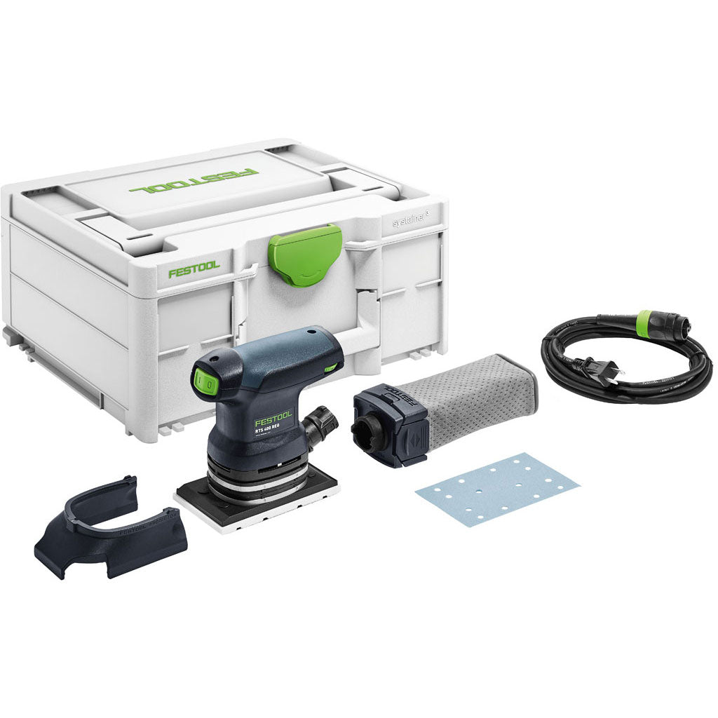 The Festool RTS 400 REQ rectangle orbital sander includes sanding pad, longlife dust bag, Plug-it power cable, and Systainer3