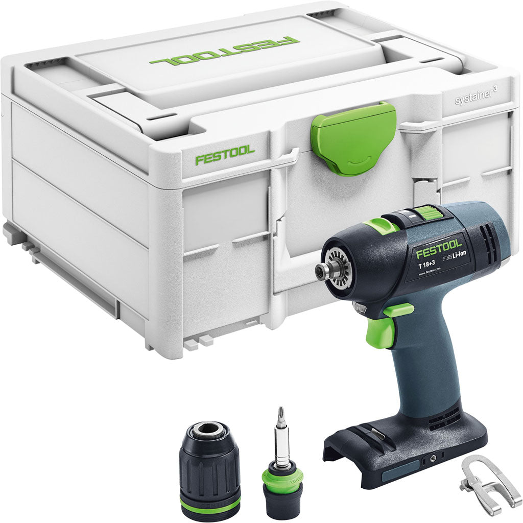 The Festool T 18+3 Cordless Drill includes belt clip, 1/2" keyless chuck, Centrotec chuck with bit holder, Systainer.