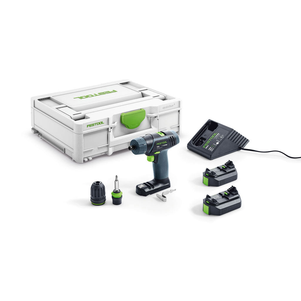 The Festool TXS T-Handle Sub-Compact Cordless Drill Set includes 2 batteries, charger, two chucks, belt hook and Systainer.