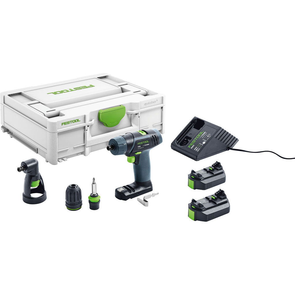 The Festool TXS T-Handle Sub-Compact Cordless Drill Set includes 2 batteries, charger, three chucks, belt hook and Systainer.
