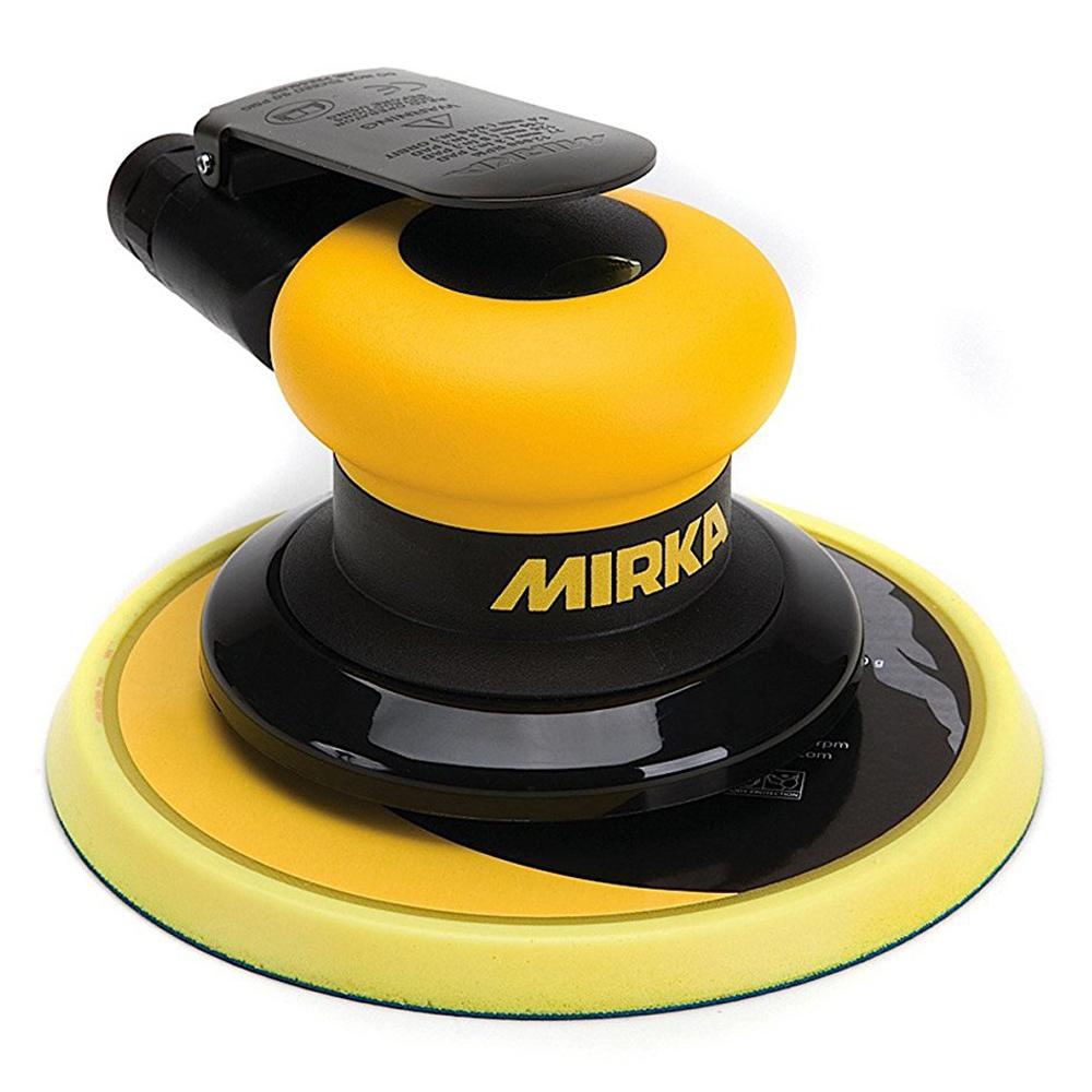 Front view of Mirka 6" random orbit sander with 5mm stroke. Compact air sander with top paddle switch.