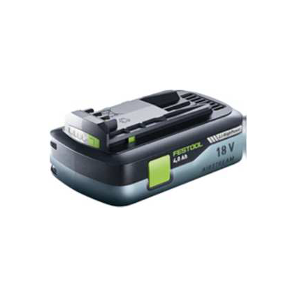 Festool 18V 4.0Ah HighPower Battery Pack has a very compact form. LED charge indicators and Airstream ventilation slots.
