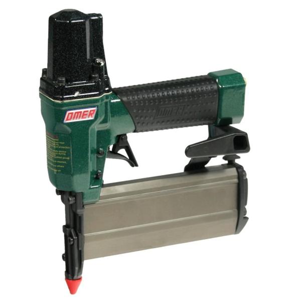 Left of Omer B6.50SS 23ga pin nailer showing double trigger, belt hook, conical no-mar tip, air blast button/hole.