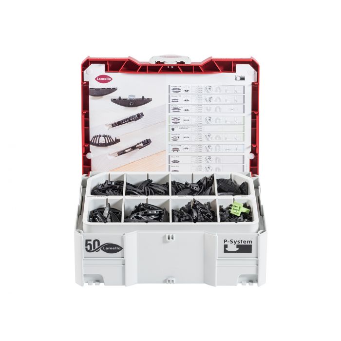 Systainer T-Loc 2 loaded with Lamello P-System connectors and Tenso preload tool, organized in 8 compartments.